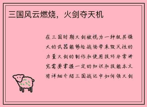 三国风云燃烧，火剑夺天机